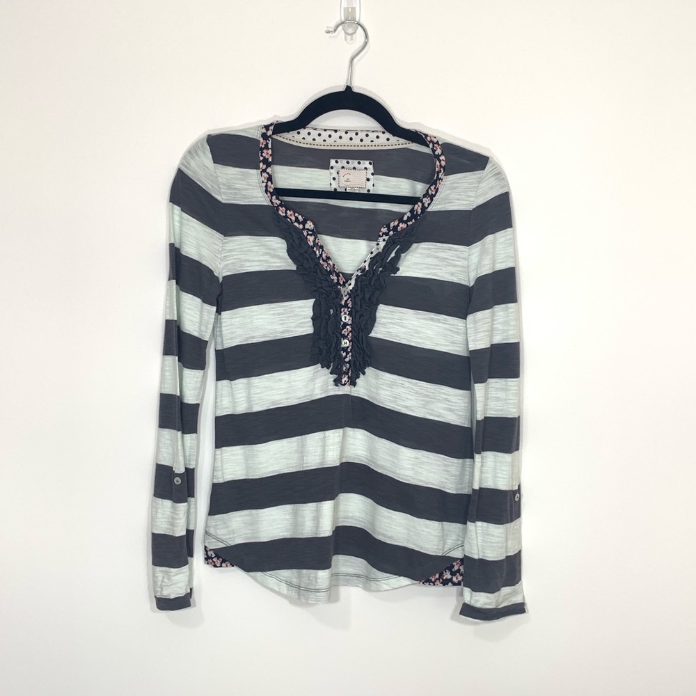 Anthro Postmark Stripe Floral Ruffle Trim Top
